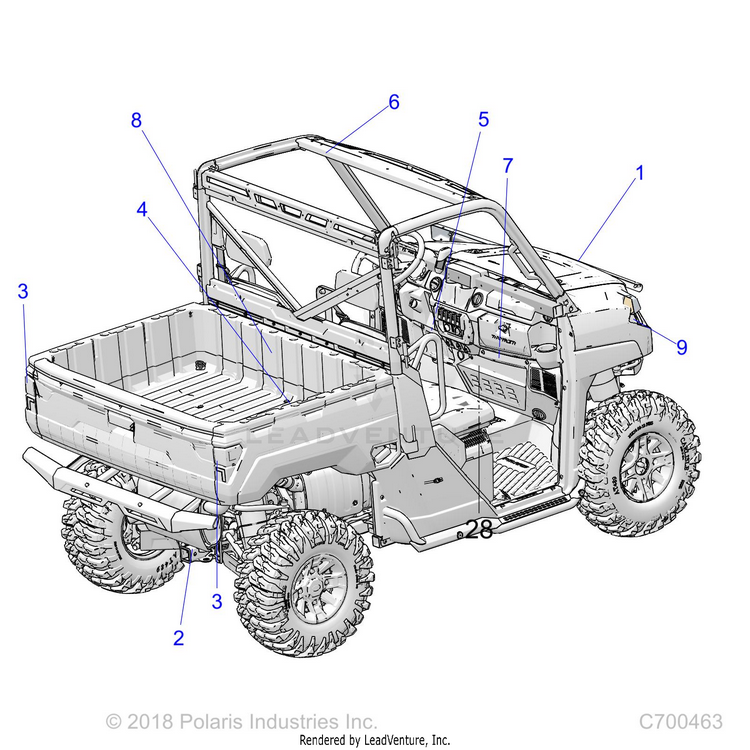 An Image of a Genuine Polaris Parts Schematic Diagram showing the schematic - BODY: DECALS COMMON - 2019 POLARIS RANGER XP 1000 NORTHSTAR FACTORY CHOICE