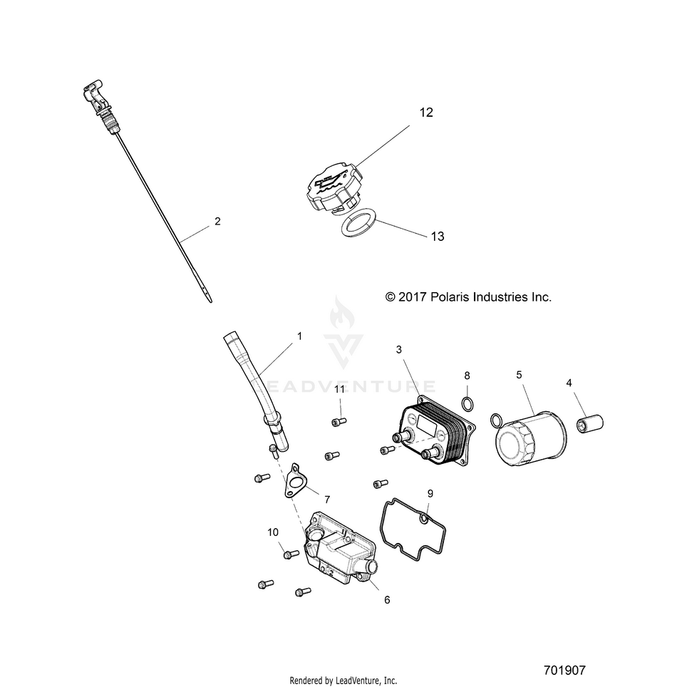 An Image of a Genuine Polaris Parts Schematic Diagram showing the schematic - ENGINE: DIPSTICK CAP & OIL FILTER - 2018 POLARIS RANGER CREW XP 1000 EPS