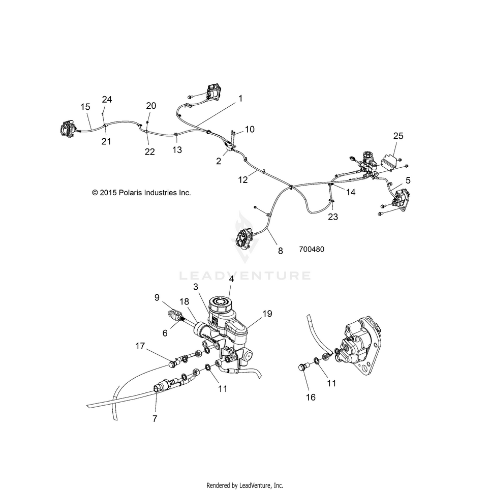 An Image of a Genuine Polaris Parts Schematic Diagram showing the schematic - BRAKES: LINES & MASTER CYLINDER - 2017 POLARIS RANGER 570 FULL SIZE