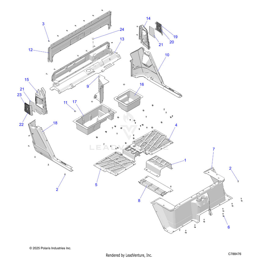 An Image of a Genuine Polaris Parts Schematic Diagram showing the schematic - BODY: FLOOR REAR - 2026 POLARIS RANGER 1000 CREW EPS