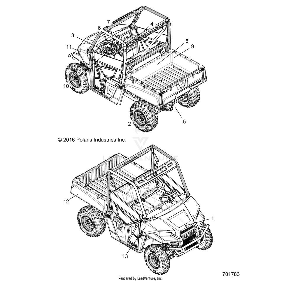 An Image of a Genuine Polaris Parts Schematic Diagram showing the schematic - BODY: DECALS - 2017 POLARIS RANGER 500 2WD HDPE