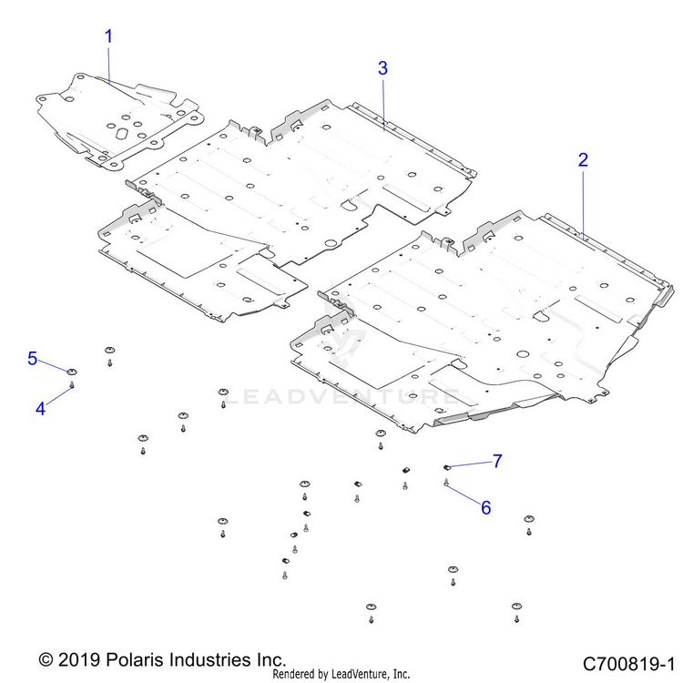 An Image of a Genuine Polaris Parts Schematic Diagram showing the schematic - CHASSIS: SKID PLATES - 2023 POLARIS GENERAL XP 4 1000 ULTIMATE