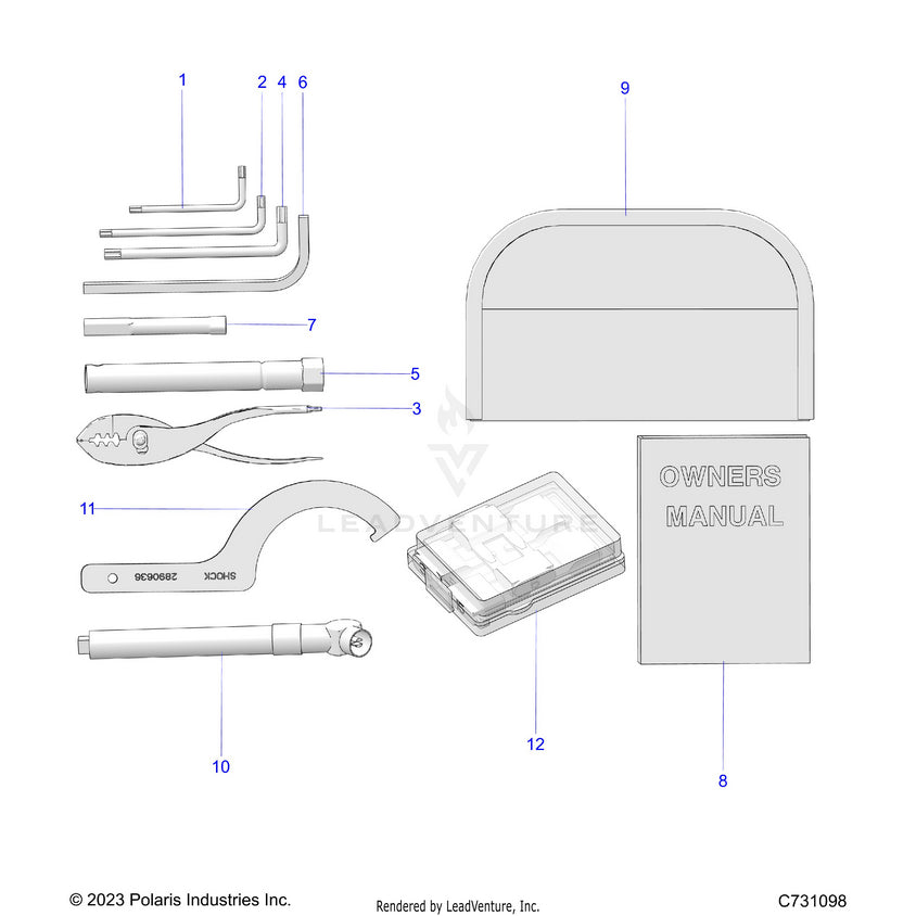 An Image of a Genuine Polaris Parts Schematic Diagram showing the schematic - REFERENCE: OWNERS MANUAL & TOOL KIT - 2024 POLARIS RANGER XD 1500 PREMIUM CREW