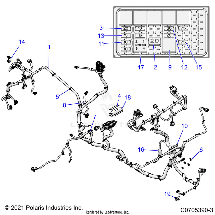 An Image of a Genuine Polaris Parts Schematic Diagram showing the schematic - ELECTRICAL: WIRE HARNESS - 2023 POLARIS RANGER XP 1000 PREMIUM