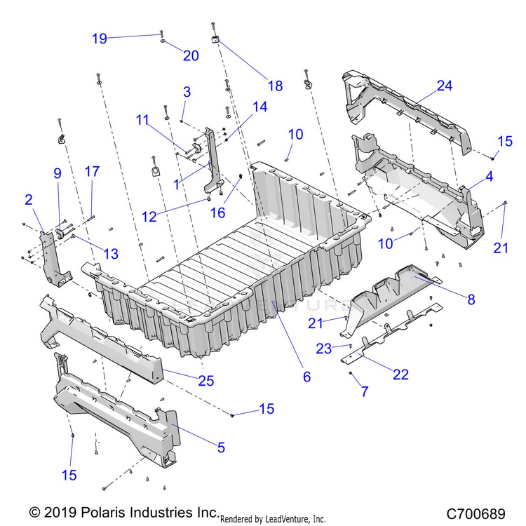 An Image of a Genuine Polaris Parts Schematic Diagram showing the schematic - BODY: BOX - 2020 POLARIS RANGER XP 1000 BACK COUNTRY FACTORY CHOICE