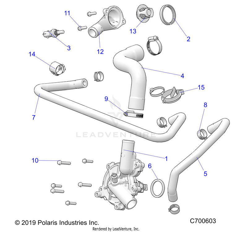 An Image of a Genuine Polaris Parts Schematic Diagram showing the schematic - ENGINE: WATERPUMP & BYPASS - 2020 POLARIS RANGER 1000 FULL SIZE