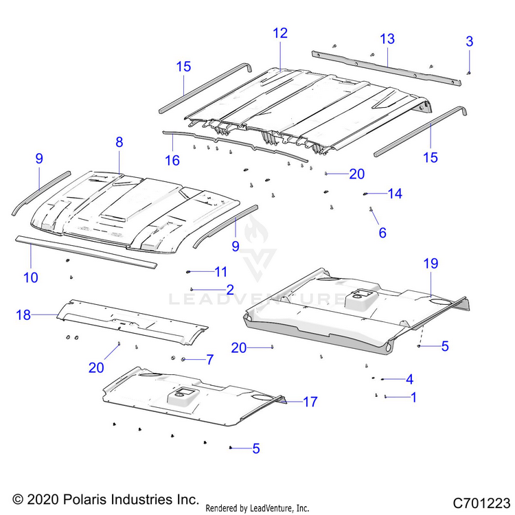 An Image of a Genuine Polaris Parts Schematic Diagram showing the schematic - BODY: ROOF - 2021 POLARIS RANGER CREW XP 1000 NORTHSTAR TRAIL BOSS EVAP