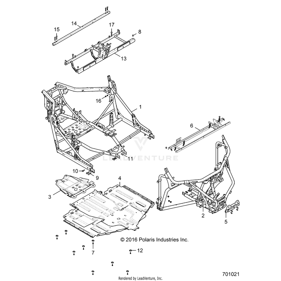 An Image of a Genuine Polaris Parts Schematic Diagram showing the schematic - CHASSIS: MAIN FRAME AND SKID PLATES - 2016 POLARIS GENERAL 1000 EPS