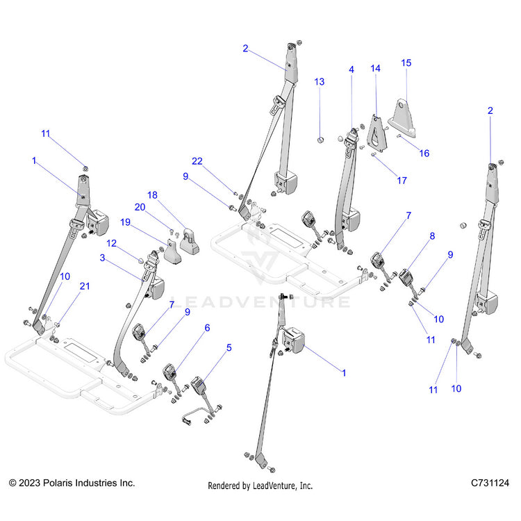 An Image of a Genuine Polaris Parts Schematic Diagram showing the schematic - BODY: SEAT BELT ASSEMBLY. - 2026 POLARIS RANGER XD 1500 NORTHSTAR CREW