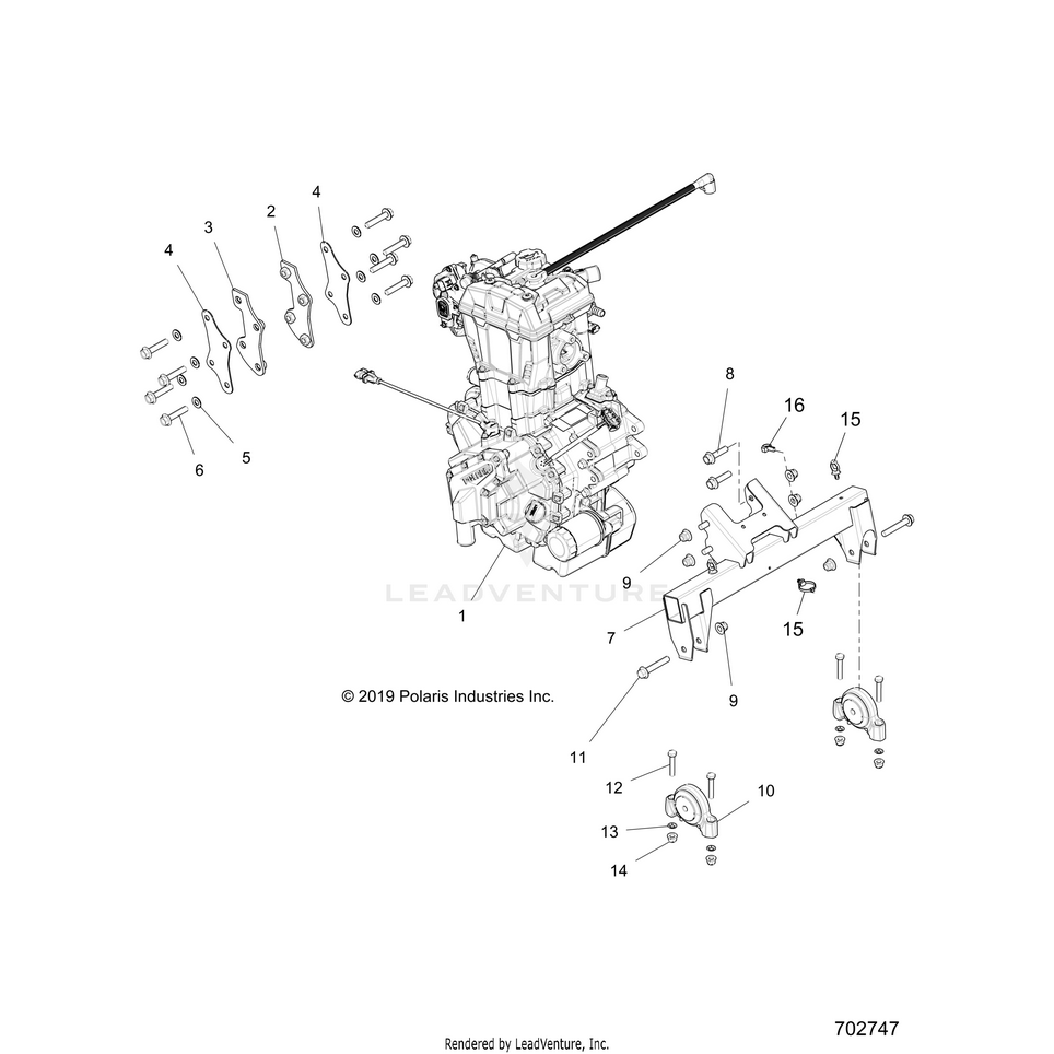 An Image of a Genuine Polaris Parts Schematic Diagram showing the schematic - ENGINE: TRANSMISSION MOUNTING & LONG BLOCK - 2020 POLARIS RANGER CREW 570 FULL SIZE