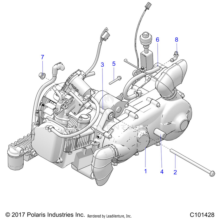 An Image of a Genuine Polaris Parts Schematic Diagram showing the schematic - ENGINE: ENGINE & TRANSMISSION MOUNTING - 2020 POLARIS RANGER 150 EFI