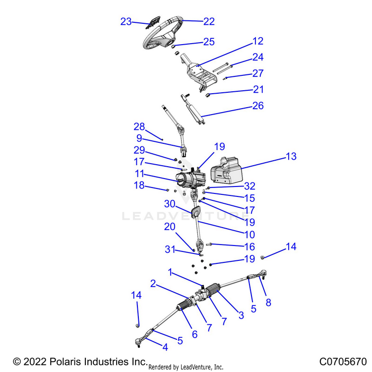 An Image of a Genuine Polaris Parts Schematic Diagram showing the schematic - STEERING: STEERING ASM. - 2022 POLARIS GENERAL XP 4 1000 TRAILHEAD LE