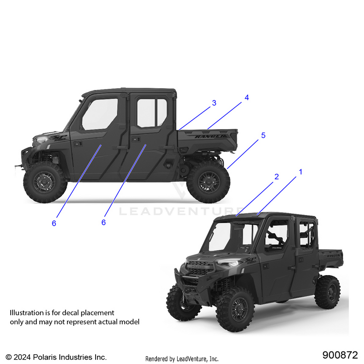 An Image of a Genuine Polaris Parts Schematic Diagram showing the schematic - BODY: DECALS GENERAL - 2025 POLARIS RANGER 1000 XP CREW NORTHSTAR PREMIUM
