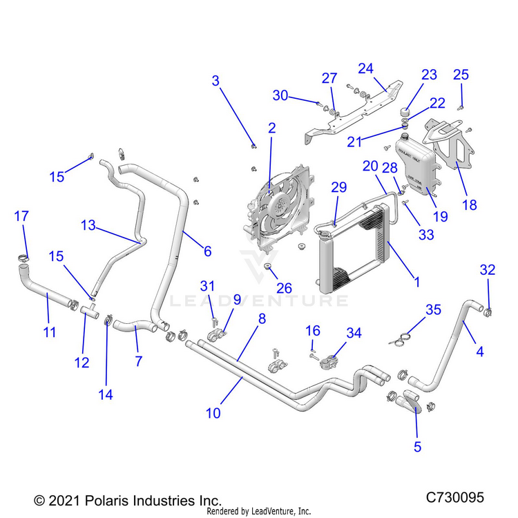 An Image of a Genuine Polaris Parts Schematic Diagram showing the schematic - ENGINE: COOLING SYSTEM - 2023 POLARIS RANGER 570 / PREMIUM