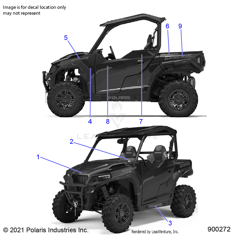 An Image of a Genuine Polaris Parts Schematic Diagram showing the schematic - BODY: DECALS - 2022 POLARIS GENERAL 1000 DELUXE EPS