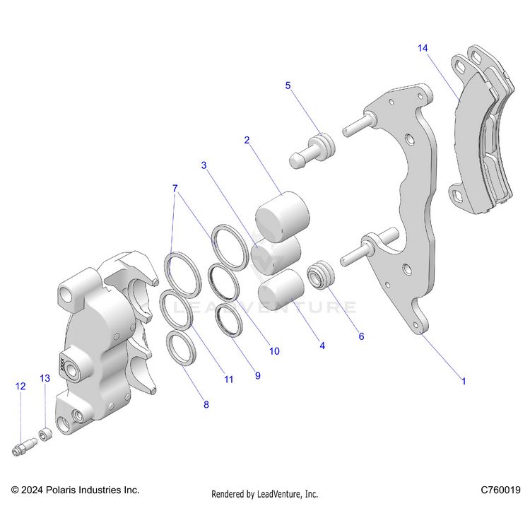 An Image of a Genuine Polaris Parts Schematic Diagram showing the schematic - BRAKES: FRONT CALIPER - 2025 POLARIS GENERAL XP 4 1000 ULTIMATE