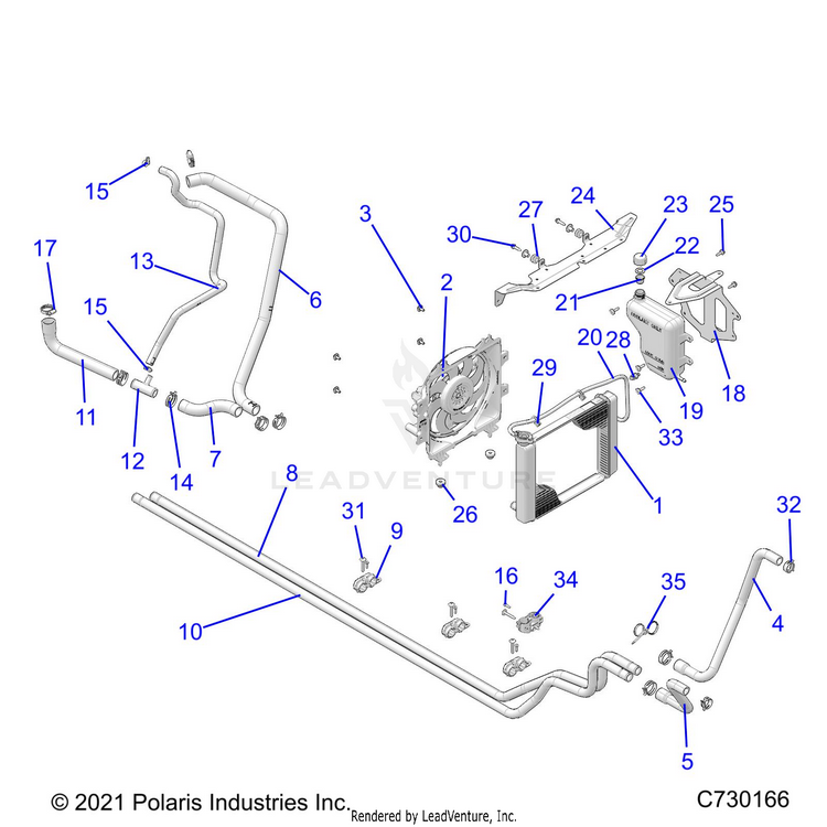 An Image of a Genuine Polaris Parts Schematic Diagram showing the schematic - ENGINE: COOLING SYSTEM - 2023 POLARIS RANGER 570 CREW