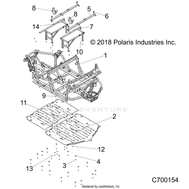 An Image of a Genuine Polaris Parts Schematic Diagram showing the schematic - CHASSIS: MAIN FRAME & SKID PLATES - 2020 POLARIS RANGER CREW XP 1000 EPS