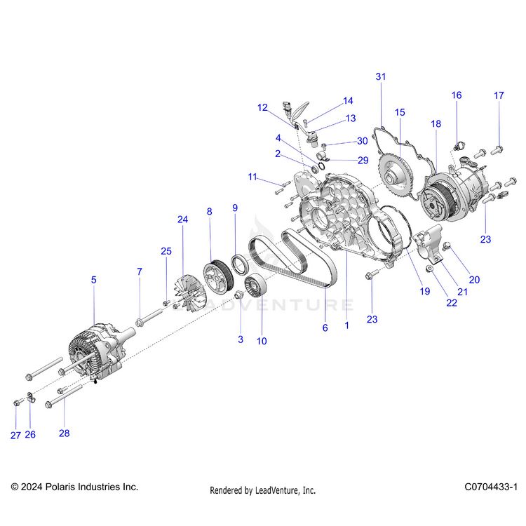 An Image of a Genuine Polaris Parts Schematic Diagram showing the schematic - ENGINE: ALTERNATOR AND COMPRESSOR - 2024 POLARIS XPEDITION XP NORTHSTAR