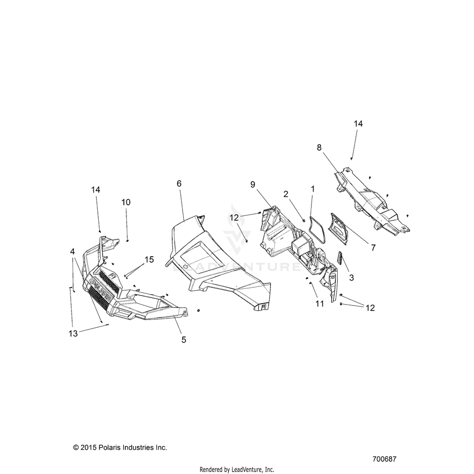 An Image of a Genuine Polaris Parts Schematic Diagram showing the schematic - BODY: HOOD DASH & GRILL - 2016 POLARIS RANGER EV LIION