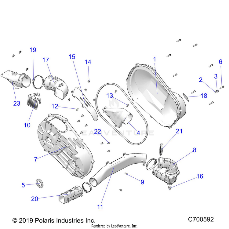 An Image of a Genuine Polaris Parts Schematic Diagram showing the schematic - DRIVE TRAIN: CLUTCH COVER & DUCTING - 2021 POLARIS RANGER CREW 1000 EPS