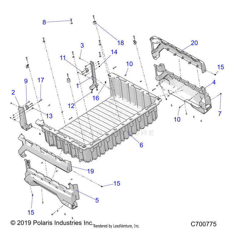An Image of a Genuine Polaris Parts Schematic Diagram showing the schematic - BODY: BOX - 2020 POLARIS RANGER CREW XP 1000 WINTER PREP FACTORY CHOICE