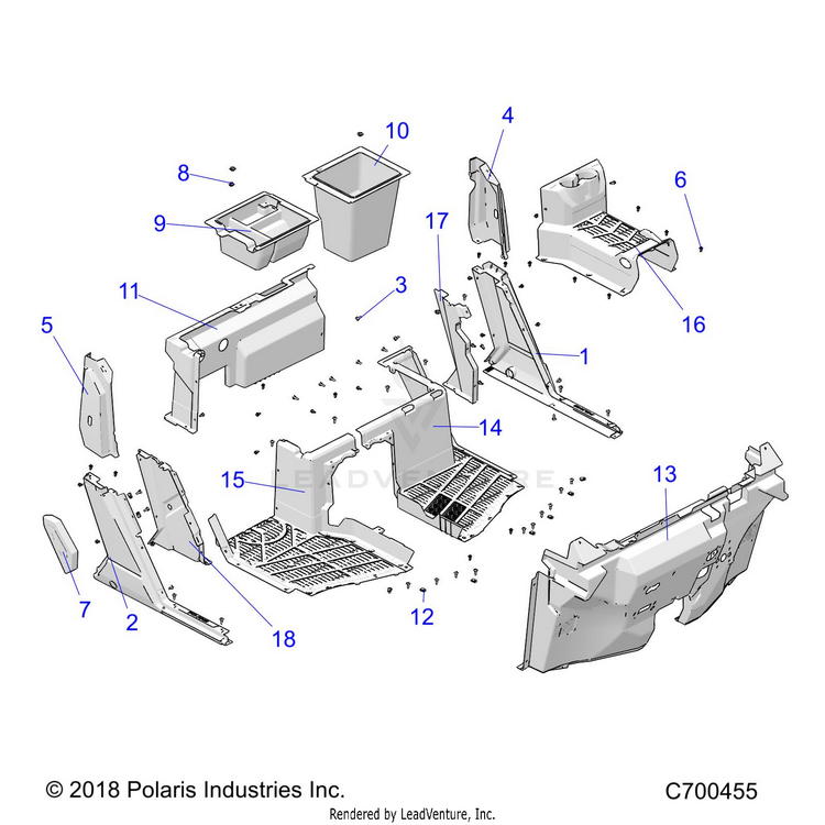 An Image of a Genuine Polaris Parts Schematic Diagram showing the schematic - BODY: FRONT FLOOR & ROCKERS - 2019 POLARIS RANGER CREW XP 1000 RIDE COMMAND