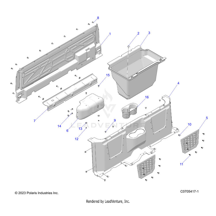 An Image of a Genuine Polaris Parts Schematic Diagram showing the schematic - BODY: FLOOR CLOSEOFFS & BIN - 2023 POLARIS RANGER 570 / PREMIUM