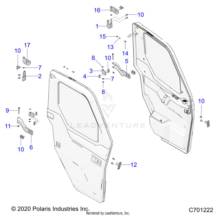 An Image of a Genuine Polaris Parts Schematic Diagram showing the schematic - BODY: DOOR FRONT MOUNTING - 2023 POLARIS RANGER CREW XP 1000 NORTHSTAR