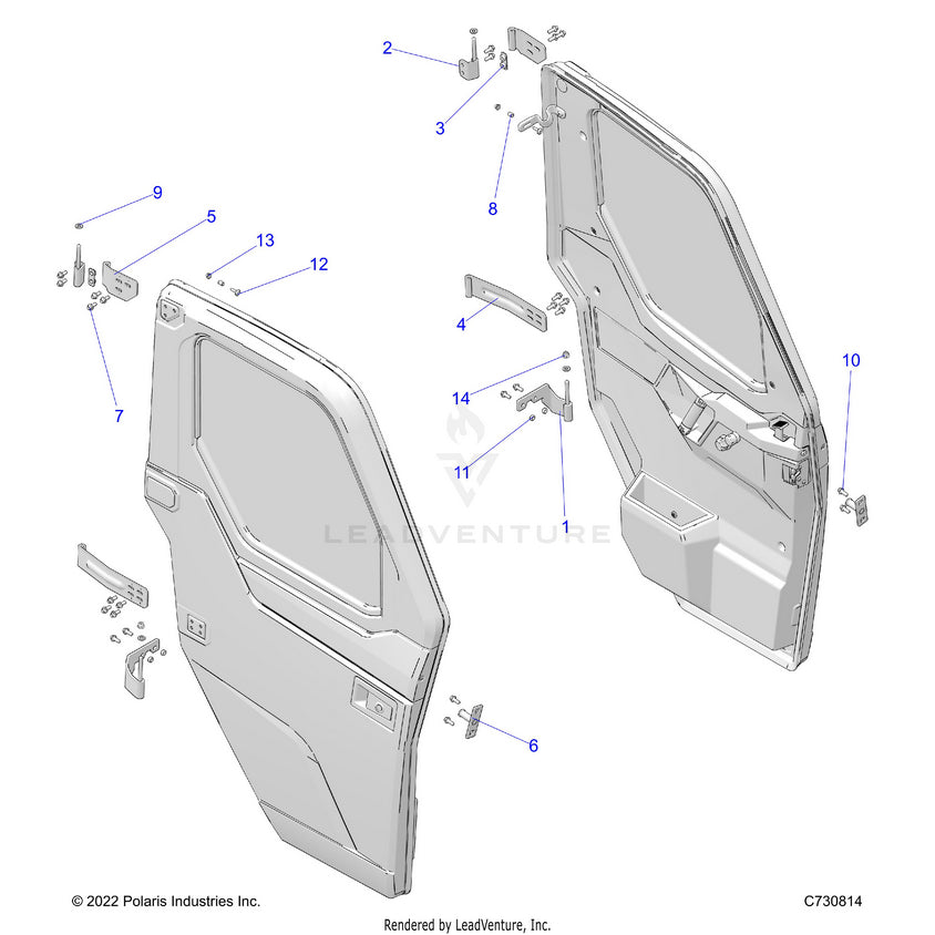 An Image of a Genuine Polaris Parts Schematic Diagram showing the schematic - BODY: DOOR FRONT MOUNTING - 2024 POLARIS RANGER 1000 XP CREW NORTHSTAR ULTIMATE TRAIL BOSS