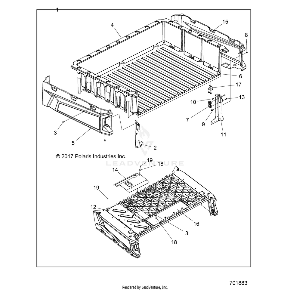 An Image of a Genuine Polaris Parts Schematic Diagram showing the schematic - BODY: BOX - 2018 POLARIS RANGER 570 FULL SIZE