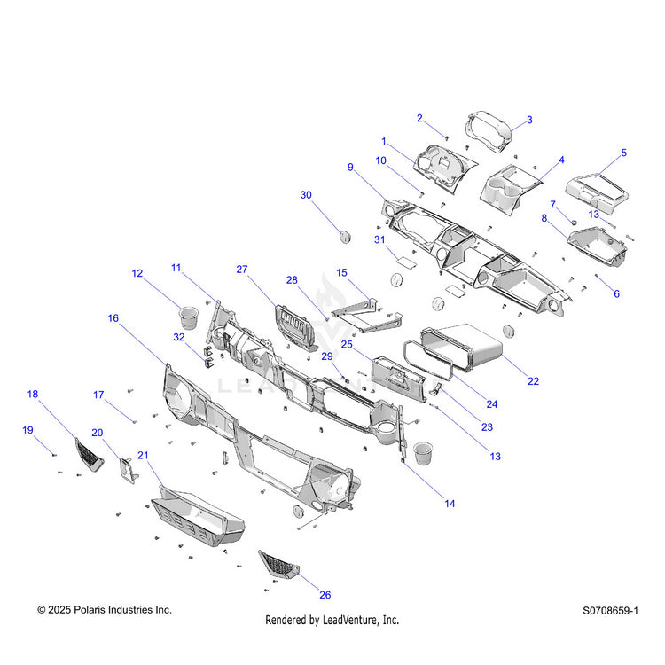An Image of a Genuine Polaris Parts Schematic Diagram showing the schematic - BODY: DASH - 2026 POLARIS RANGER 1000 XP CREW PREMIUM