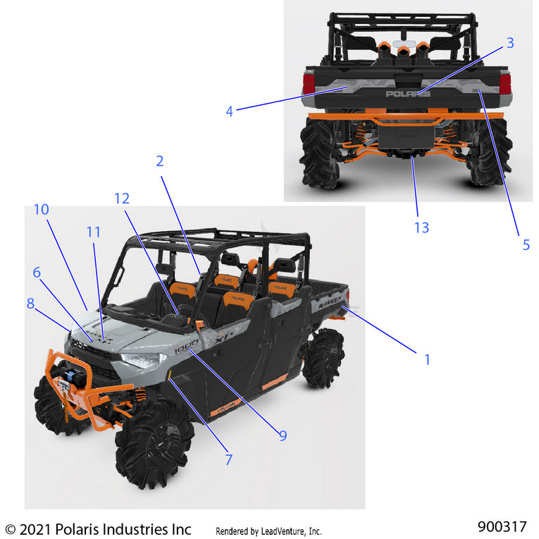 An Image of a Genuine Polaris Parts Schematic Diagram showing the schematic - BODY: DECALS GRAPHICS - 2022 POLARIS RANGER CREW XP 1000 WATERFOWL EVAP