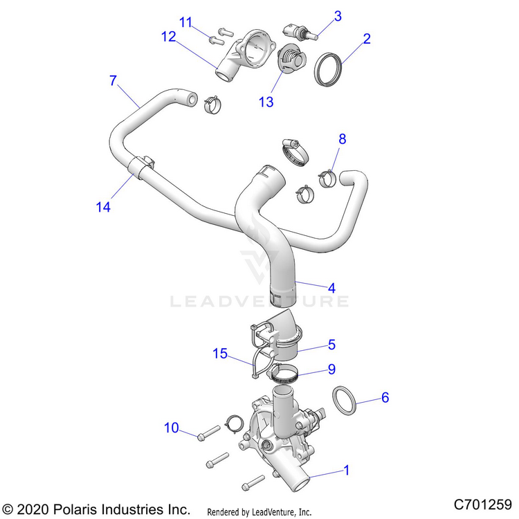 An Image of a Genuine Polaris Parts Schematic Diagram showing the schematic - ENGINE: WATERPUMP & BYPASS - 2023 POLARIS RANGER CREW XP 1000 NORTHSTAR ULTIMATE TRAIL BOSS