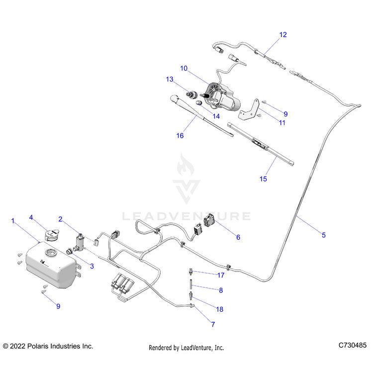An Image of a Genuine Polaris Parts Schematic Diagram showing the schematic - BODY: WATER BOTTLE PUMP & WIPER KIT - 2024 POLARIS RANGER 1000 XP CREW NORTHSTAR ULTIMATE TRAIL BOSS
