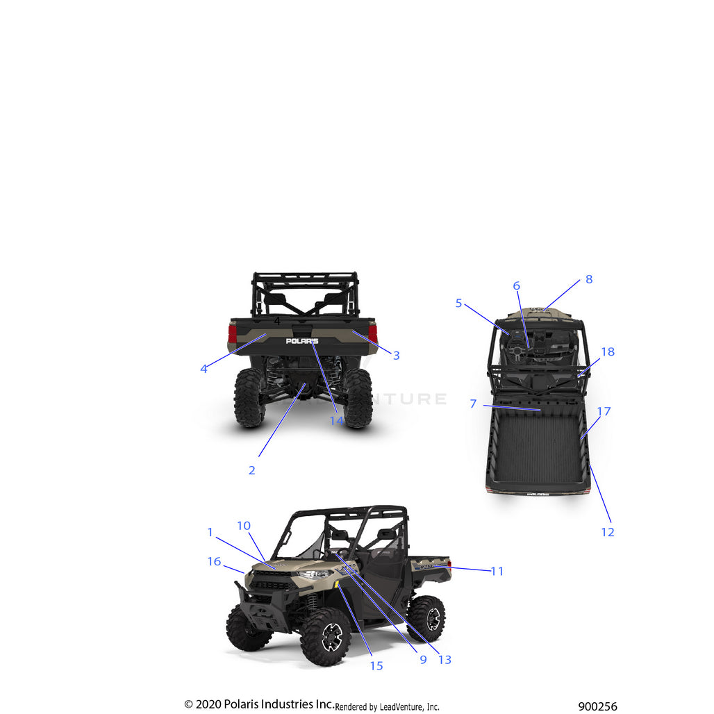 An Image of a Genuine Polaris Parts Schematic Diagram showing the schematic - BODY: DECALS - 2021 POLARIS RANGER XP 1000 BIG GAME EVAP