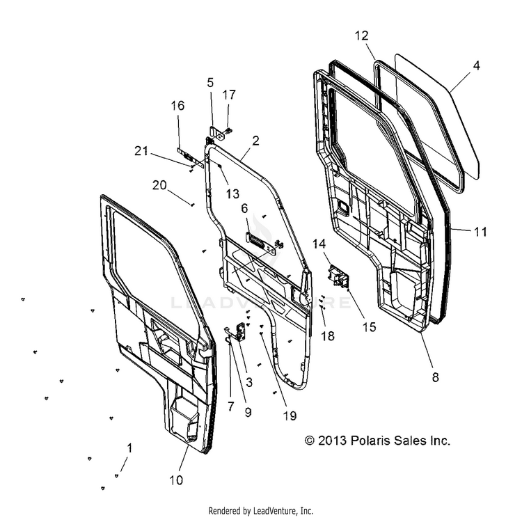 An Image of a Genuine Polaris Parts Schematic Diagram showing the schematic - BODY: DOORS - 2015 POLARIS RANGER HST