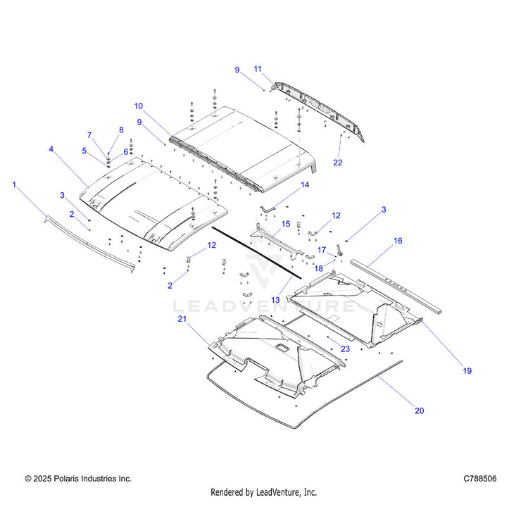 An Image of a Genuine Polaris Parts Schematic Diagram showing the schematic - BODY: ROOF - 2026 POLARIS RANGER XD 1500 NORTHSTAR MOUNTAINEER EDITION CREW