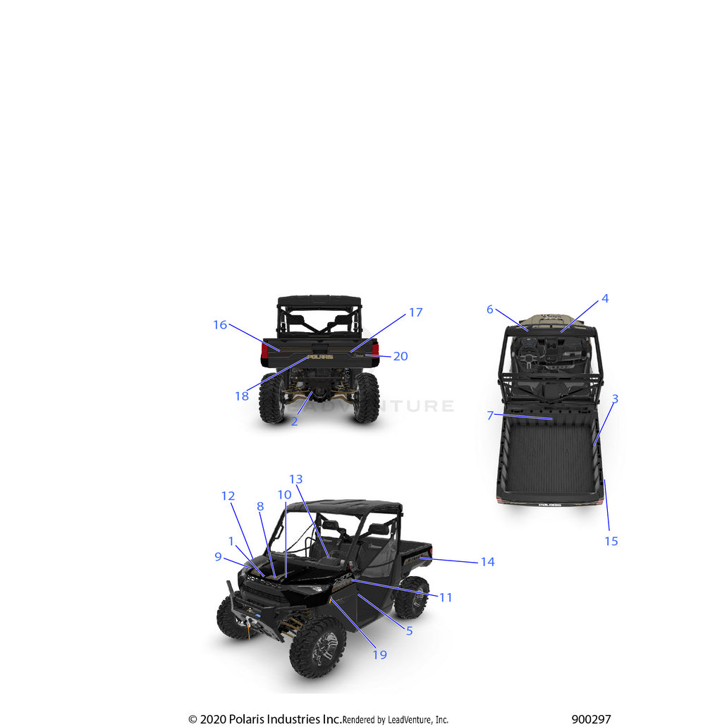 An Image of a Genuine Polaris Parts Schematic Diagram showing the schematic - BODY: DECALS - 2021 POLARIS RANGER XP 1000 TEXAS EDITION