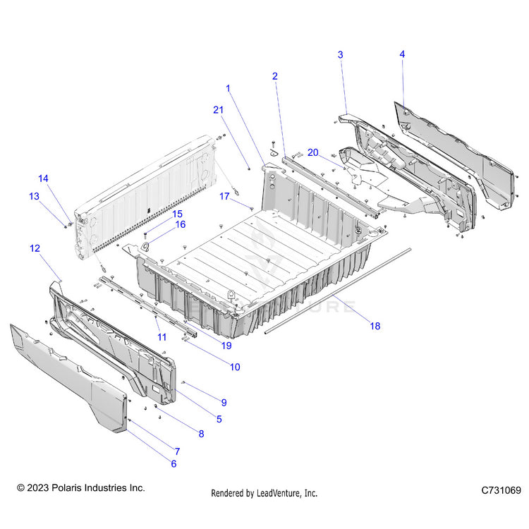 An Image of a Genuine Polaris Parts Schematic Diagram showing the schematic - BODY: BOX ASSEMBLY - 2024 POLARIS RANGER XD 1500 NORTHSTAR ULTIMATE