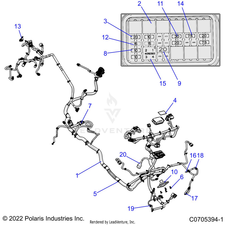 An Image of a Genuine Polaris Parts Schematic Diagram showing the schematic - ELECTRICAL: WIRE HARNESSES CHASSIS - 2022 POLARIS RANGER XP 1000 HIGH LIFTER