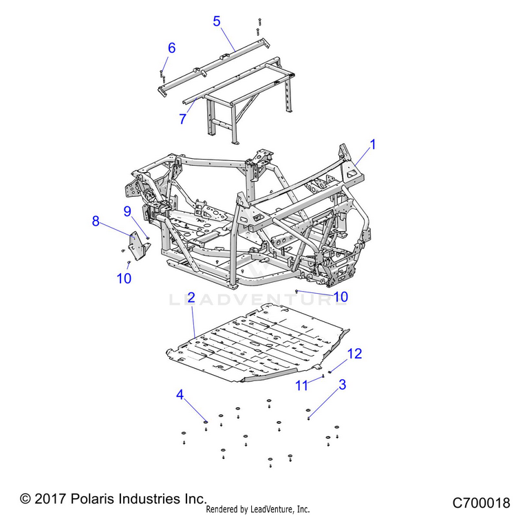 An Image of a Genuine Polaris Parts Schematic Diagram showing the schematic - CHASSIS: MAIN FRAME & SKID PLATES - 2022 POLARIS RANGER XP 1000 BIG GAME EVAP