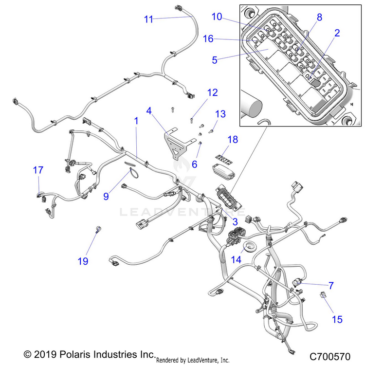 An Image of a Genuine Polaris Parts Schematic Diagram showing the schematic - ELECTRICAL: WIRE HARNESSES - 2021 POLARIS RANGER 500