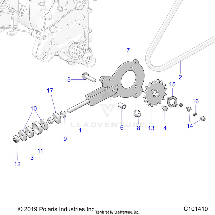 An Image of a Genuine Polaris Parts Schematic Diagram showing the schematic - DRIVE TRAIN: CHAIN TENSIONER & SPROCKET - 2019 POLARIS RANGER 150 EFI