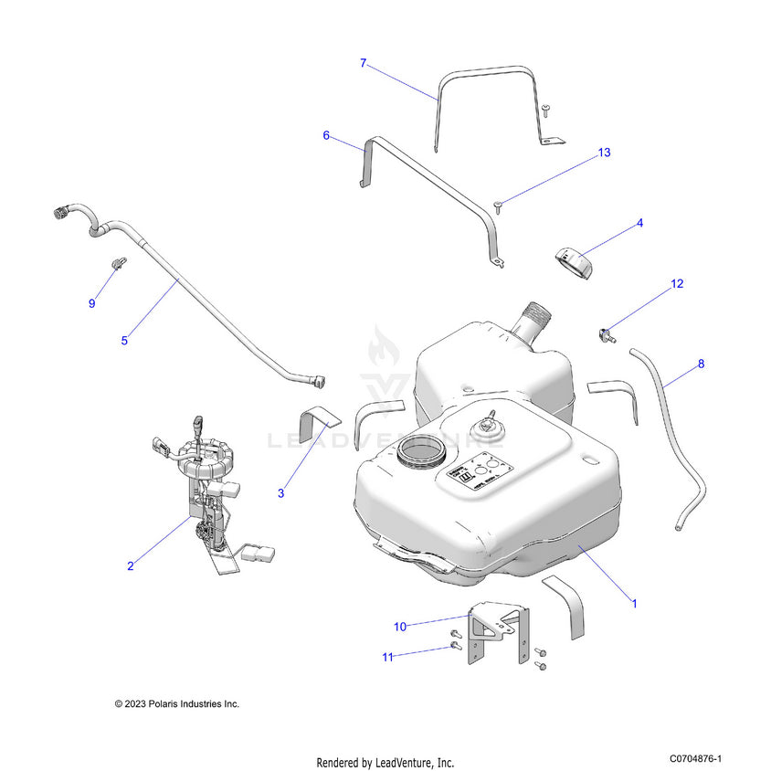 An Image of a Genuine Polaris Parts Schematic Diagram showing the schematic - FUEL: SYSTEM FUEL TANK - 2025 POLARIS RANGER 1000 XP CREW NORTHSTAR TEXAS EDITION