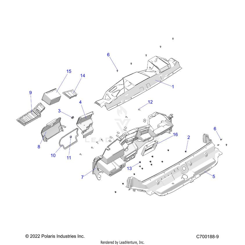 An Image of a Genuine Polaris Parts Schematic Diagram showing the schematic - BODY: DASH - 2022 POLARIS GENERAL XP 4 SPORT 1000