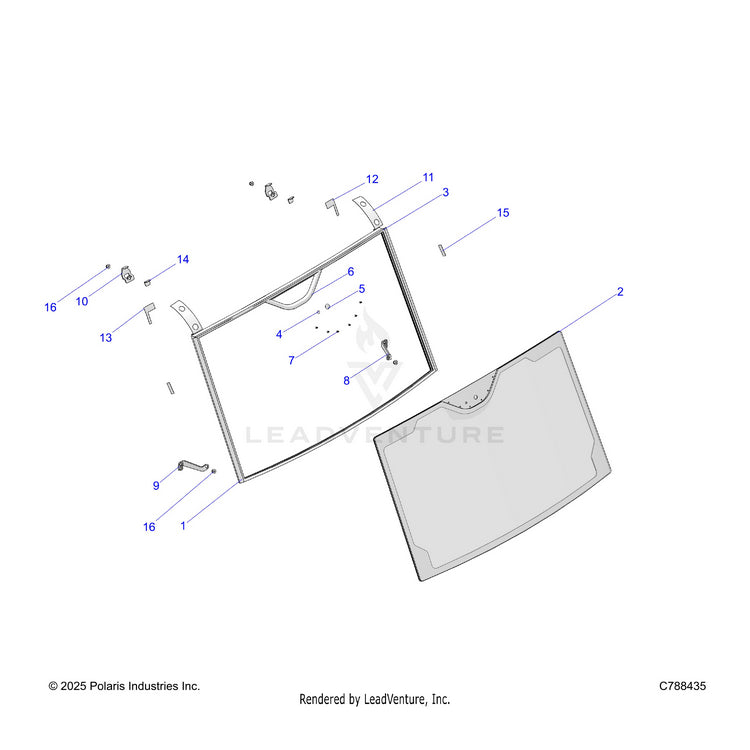 An Image of a Genuine Polaris Parts Schematic Diagram showing the schematic - BODY: FRONT WINDSHIELD - 2026 POLARIS RANGER 570 NORTHSTAR