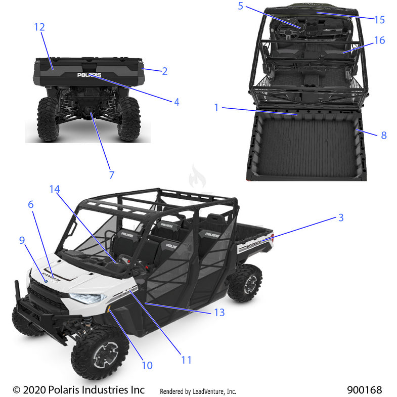 An Image of a Genuine Polaris Parts Schematic Diagram showing the schematic - BODY: DECALS - 2020 POLARIS RANGER CREW XP 1000 RIDE COMMAND