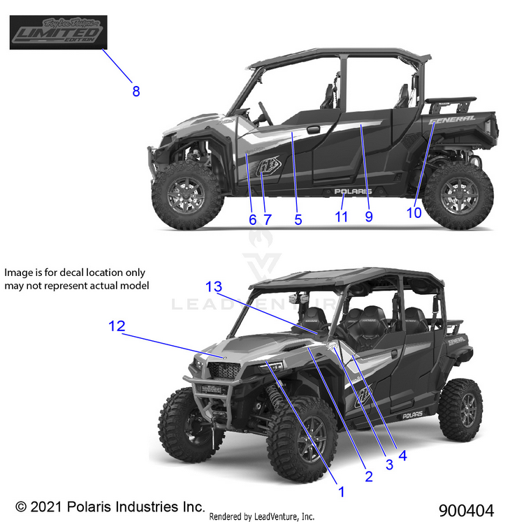An Image of a Genuine Polaris Parts Schematic Diagram showing the schematic - BODY: DECALS - 2022 POLARIS GENERAL XP 4 1000 DELUXE LIMITED LE TROY LEE