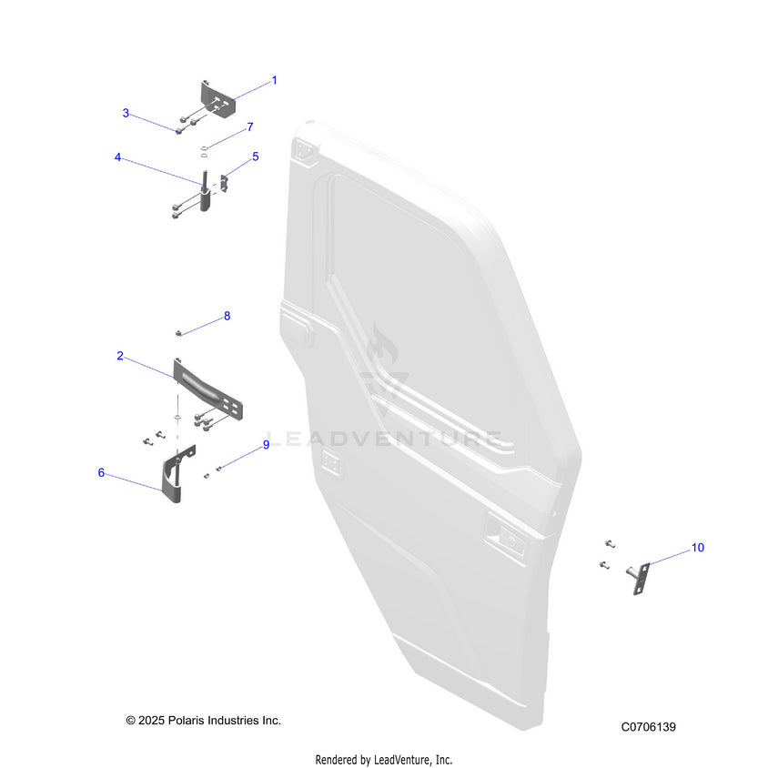 An Image of a Genuine Polaris Parts Schematic Diagram showing the schematic - BODY: DOOR FULL MOUNTING - 2025 POLARIS RANGER 1000 XP NORTHSTAR ULTIMATE TRAIL BOSS